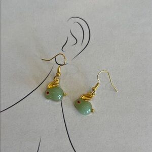 Gold and Green Jade Bunny Shaped Dangle Earrings